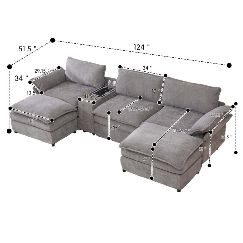 Modular Sectional Sofa, Multifunctional Living Room Furniture, Gray Fabric