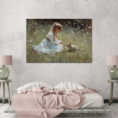  Art mural sur toile de lapin - Pâques, impression de lapin rétro pour photos de printemps, charmante œuvre d'art de lapin, toile tendue avec cadre 24 po x 36 po
