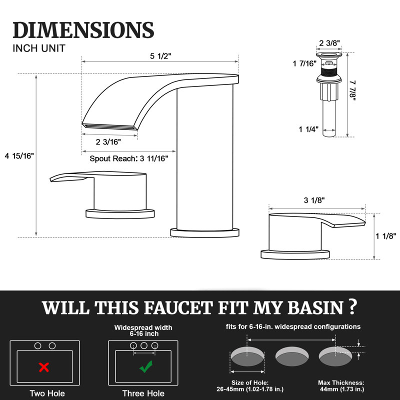 8 in. Widespread Double Handle Waterfall Bathroom Sink Faucet with Pop Up Drain, Brushed Gold