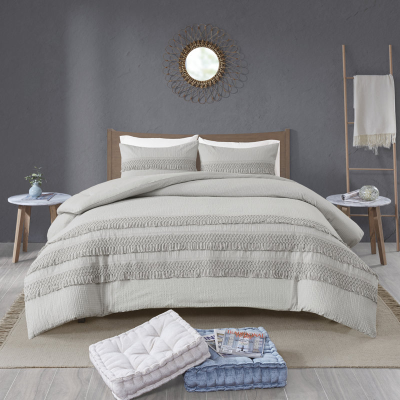 Ensemble de couette trois pièces en coton Seersucker Arlend, Très grand / très grand californien Édredon pou, Gris