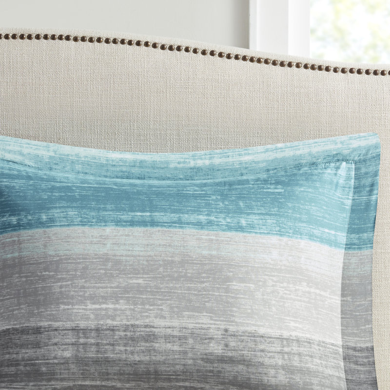 Ensemble d'édredon rayé avec draps en coton Saben, Édredon lit double et 8 pièces incluses, Aqua / Gris