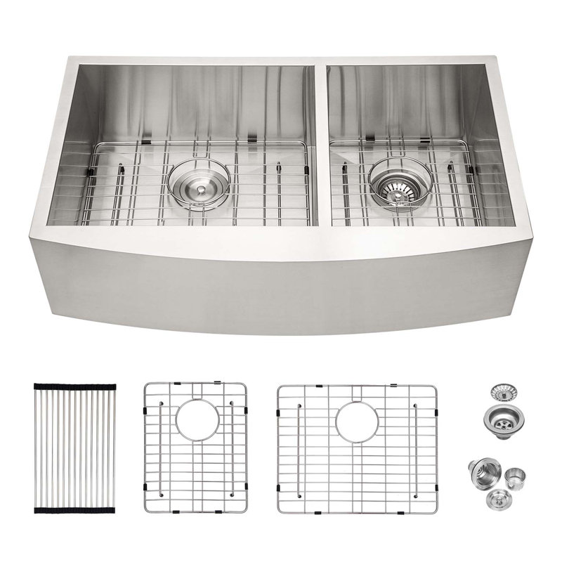 Évier de cuisine en acier inoxydable 33 po x 20 po à tablier frontal encastrable à double cuve de calibre 16 avec deux cuves profondes de 9 po - Évier de cuisine