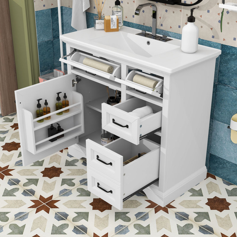 Meuble-lavabo de salle de bain avec lavabo en céramique, tablettes réglables, tiroirs de rangement et armoire, Blanc