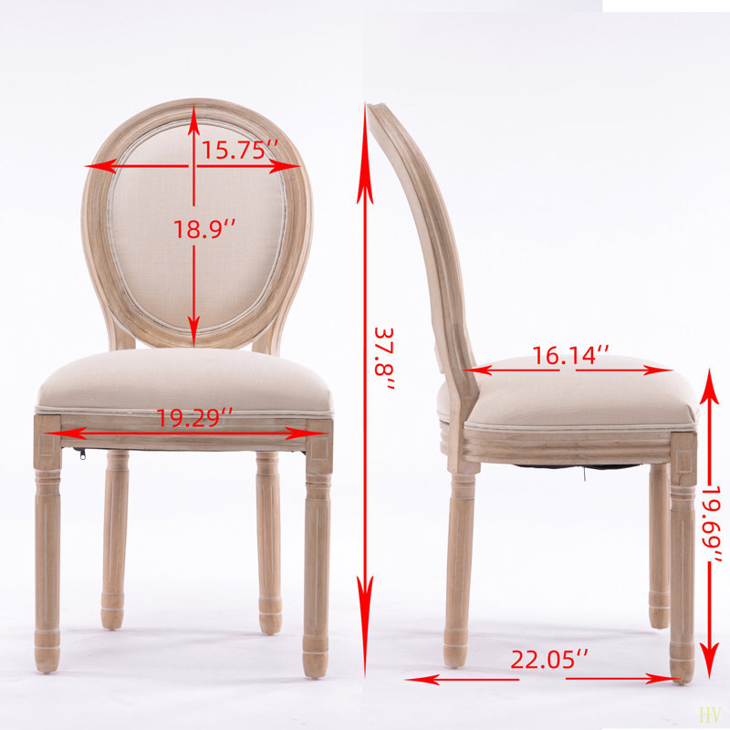 Chaise de salle à manger style français avec structure en bois massif et dossier ovale en lin, ensemble de 2