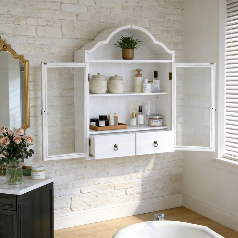 Solid Wood Wall Cabinet with Elegant Wave, White