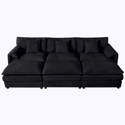 (Ancien: W3163S00027) Canapé-lit modulaire surdimensionné à siège profond avec 3 repose-pieds et coussins moelleux, canapé-lit modulaire pour salon, appartement, combinaison de bricolage en chenille, noir