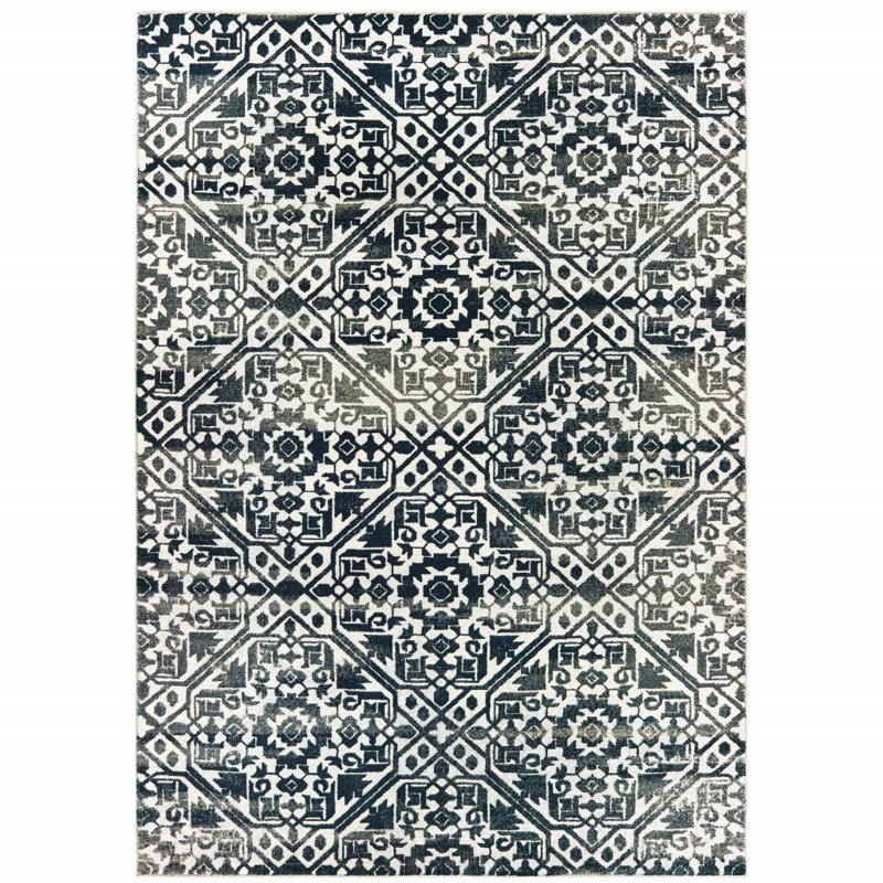 Tapis bleu marine / ivoire en polypropylène tissé à la machine Leonel, Rectangle 6 pi 7 po x 9 pi 6 po