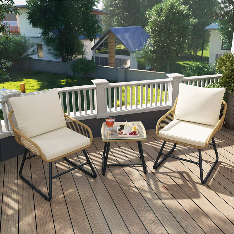 Ensemble bistro pour 2 personnes avec table basse Boho et 2 chaises avec coussins et coussins, Crème, crème