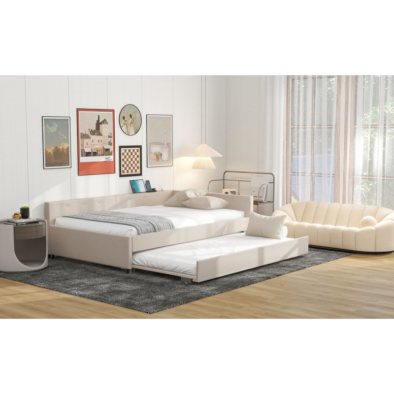 Lit plateforme tapissier double avec gigogne simple - beige, construction, sans sommier et en bois massif beige, pour une ambiance de chambre de rêve
