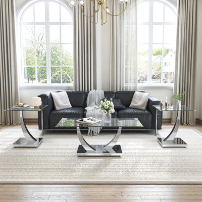 3-Piece Coffee Table Set, Modern Clear Tempered Glass Top, Mirrored Curved Stainless-Steel Bases, Coffee Table And 2 Side Tables
