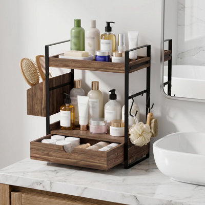 2-Tier Bathroom Counter Organizer with Drawer, Wooden Vanity Shelf, with Basket & Hooks, for Skincare, Perfume & Makeup Storage, Dark Brown