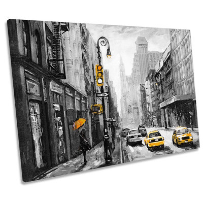 New York Taxi Cabs Umbrella Framed 1 Piece Wrapped Canvas Wall Art