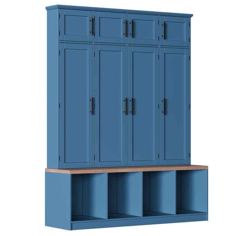 Farmhouse Hall Tree With 4 Hidden Hanging Hooks, Versatile Walnut Seating Bench With 8 Doors, Entryway Shoe Cabinet With Open Compartment For Living Room, Blue