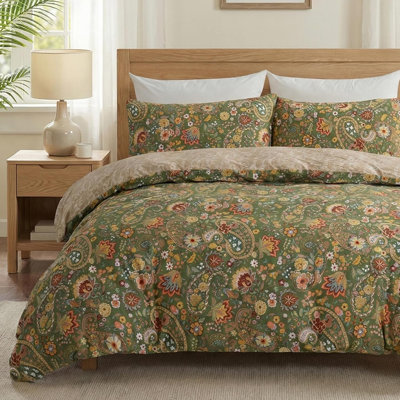 100% Cotton Duvet Cover Queen Size, Green Paisley Pattern Bedding Set with Zipper Closure, 3 Pcs Bohemian Breathable and Soft Duvet Cover for All Season