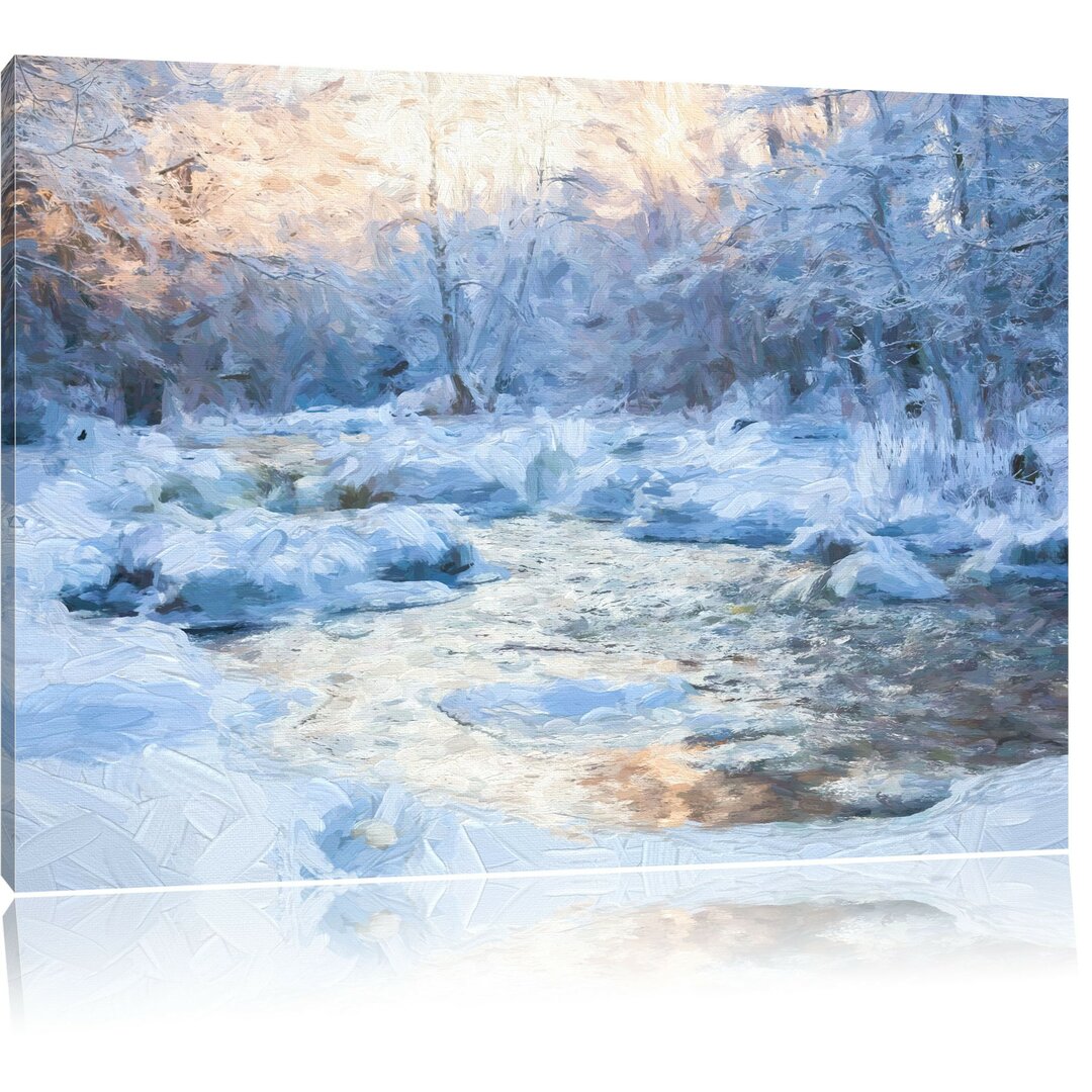 Leinwandbild Bach in Winterlandschaft