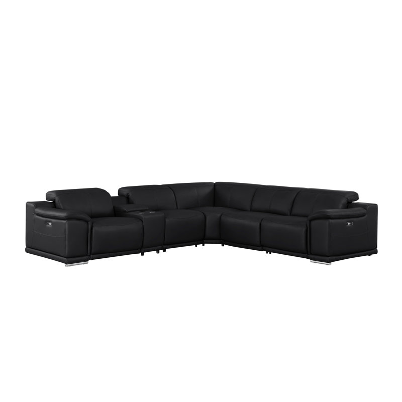 6-Piece L-Shaped Power Reclining Sectional In Genuine Leather – 3 Recliners, Black Top Grain Leather