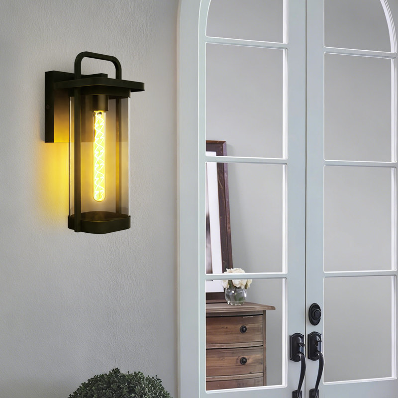 Outdoor Large Wall Sconce Light, Matte Black Metal & Tempered Glass Shade Wall Lantern Waterproof For Porch Doorway Patio（Set Of 2)