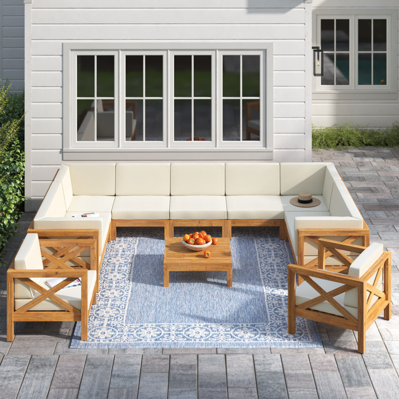 Jacklyn 10-Piece Modular Outdoor Sectional with Cushions, Teak Frame / Beige Cushion