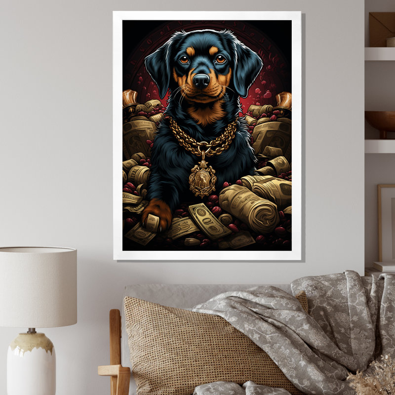 «Gangster Dachshund I» sur toile, H 32 po x l 16 po x P 1 po, Cadre simple blanc