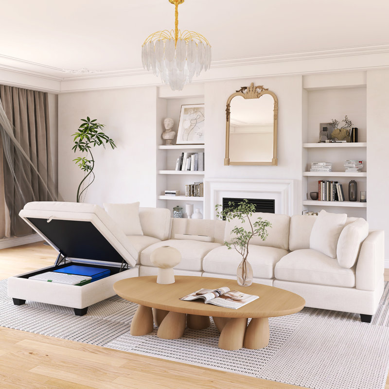 Upholstered Modular Sofa With Removable Storage Ottoman, Beige Polyester