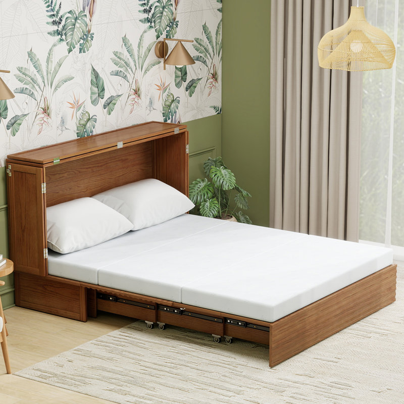100% Soild Wood Murphy Bed with Foldable Mattress, Queen Size Farmroom Bed With Built-in USB Charging Station, Walnut