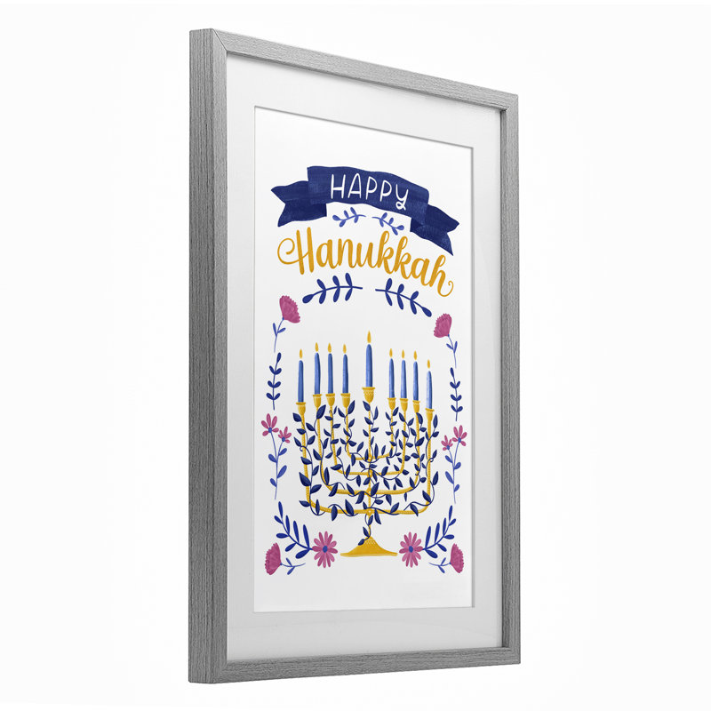 Floral Menorah Happy Hanukkah, reproduction encadrée sous verre, conception de JJ Design House LLC, H 20 po x l 14 po