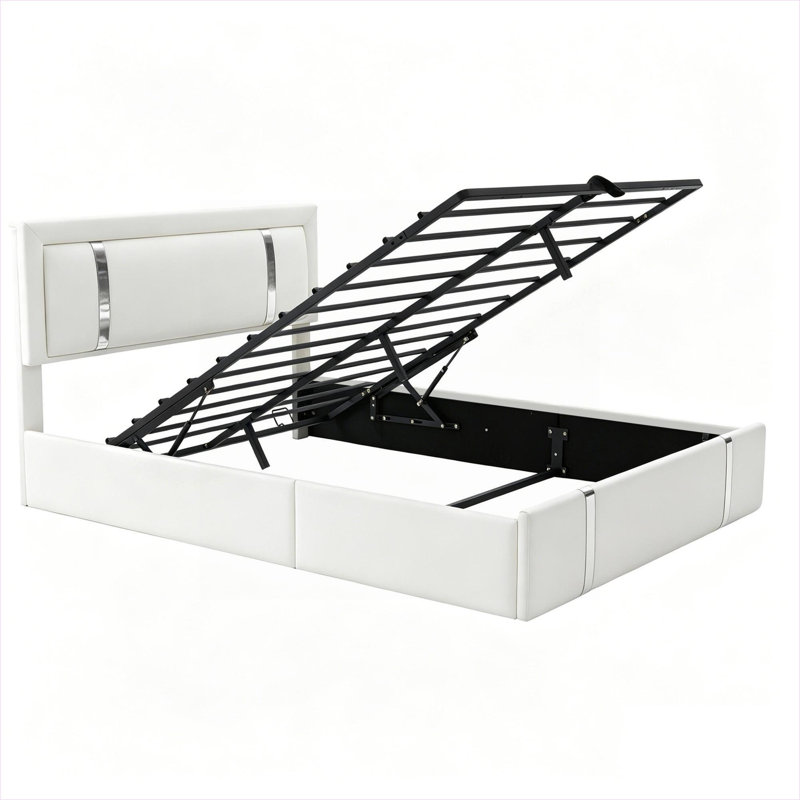 Structure de lit plateforme blanche et impeccable, lit de rangement pour grand lit, similicuir avec lumières DEL réglables et ports de charge USB-C