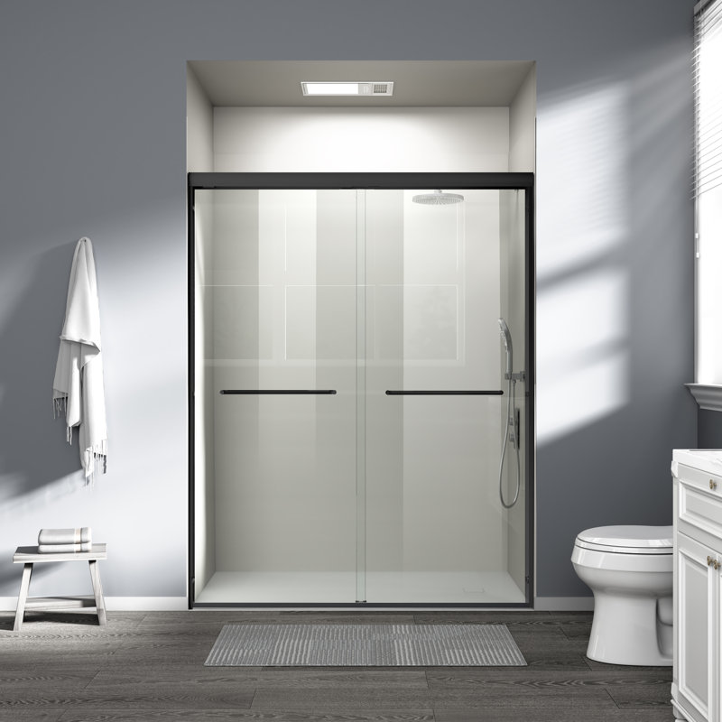 56"-60" W x 72" H Double Sliding Shower Door Framed Bypass Sliding Door with Tempered Glass Explosion-Proof, 2 Towel Bars for Walk-in Bathroom, Matte Black