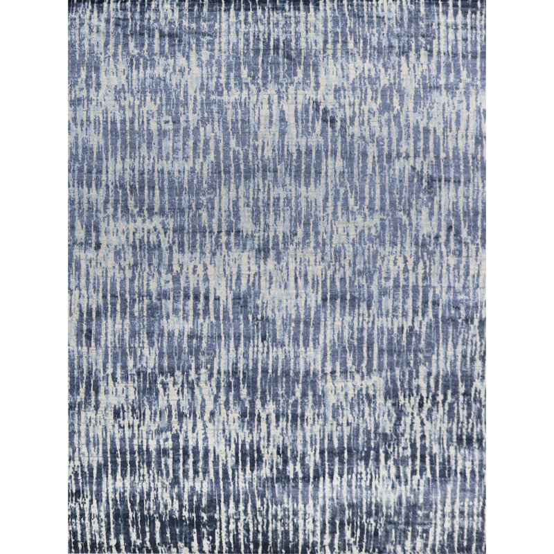 Tapis ivoire et bleu noué à la main de haute qualité, Rectangle 6 pi x 9 pi