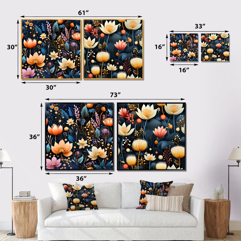 Eloan - Ensemble de 2 impressions murales florales, Toile tendue, H 16 po x l 33 po x P 1 po
