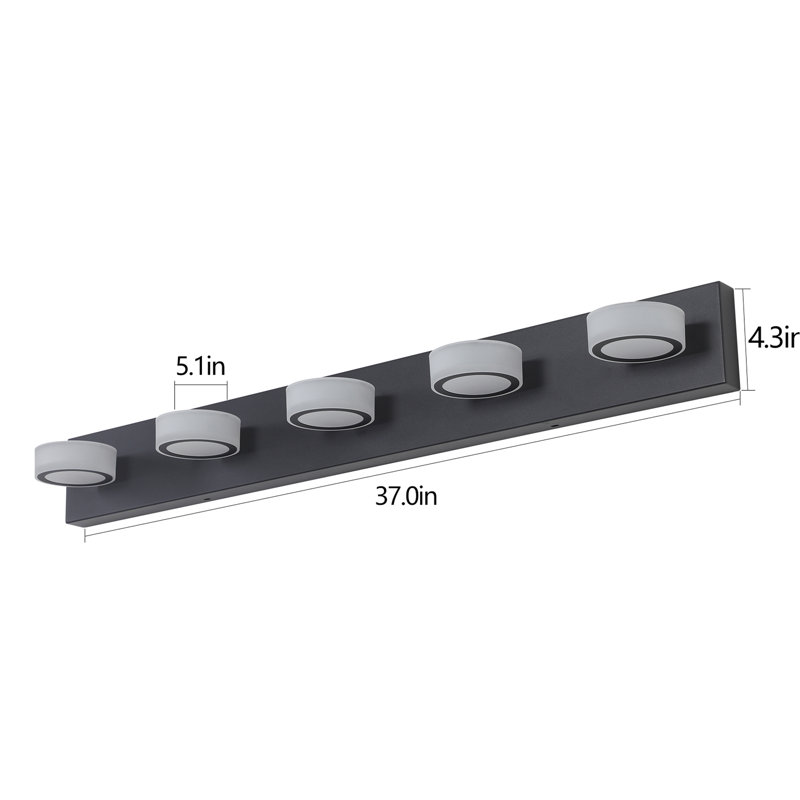 Éclairage à DEL à miroir noir - 5 luminaires de meuble-lavabo à intensité variable, H 4,3 po x l 37 po x P 5,1 po, Noir mat
