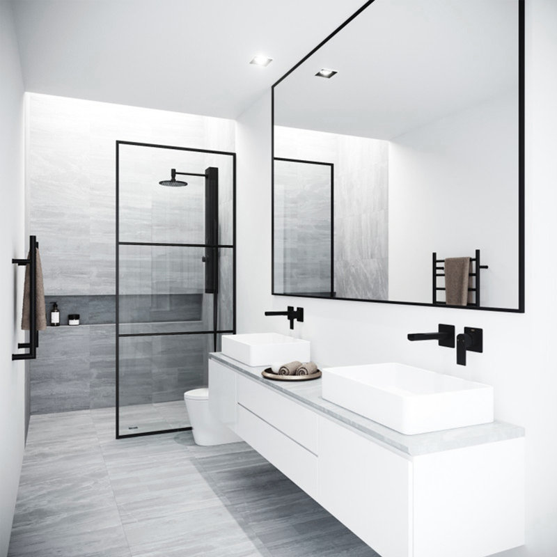 Paroi de douche fixe encadrée divisée l 34 po x H 74 po avec verre rayé 3/8 po, Noir mat transparent
