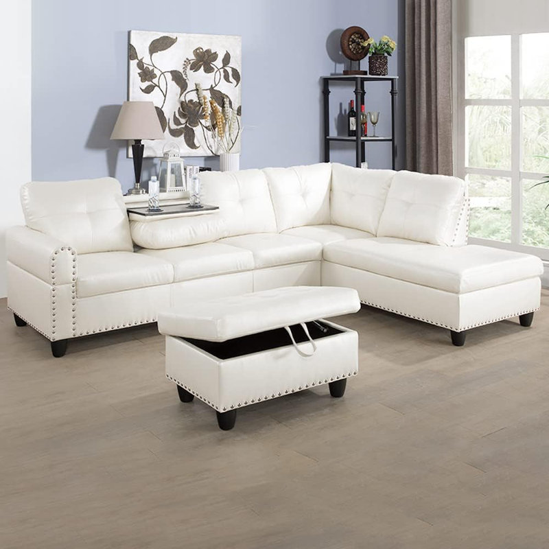 3-piece Synthetic Leather Sectional Sofa, White Faux Leather