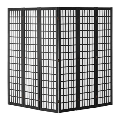 Paravent 6 panneaux en noir, design minimaliste japonais pour une utilisation intérieure dans la maison et la chambre à coucher, pliable à 360 °, paravent de 95 pouces, bureau avec écran d'intimité noir, rotatif, bois massif