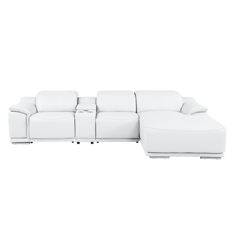 Canapé modulaire blanc en L en cuir véritable 4 pièces faisant face à droite avec 2 fauteuils inclinables électriques et appuis-tête réglables