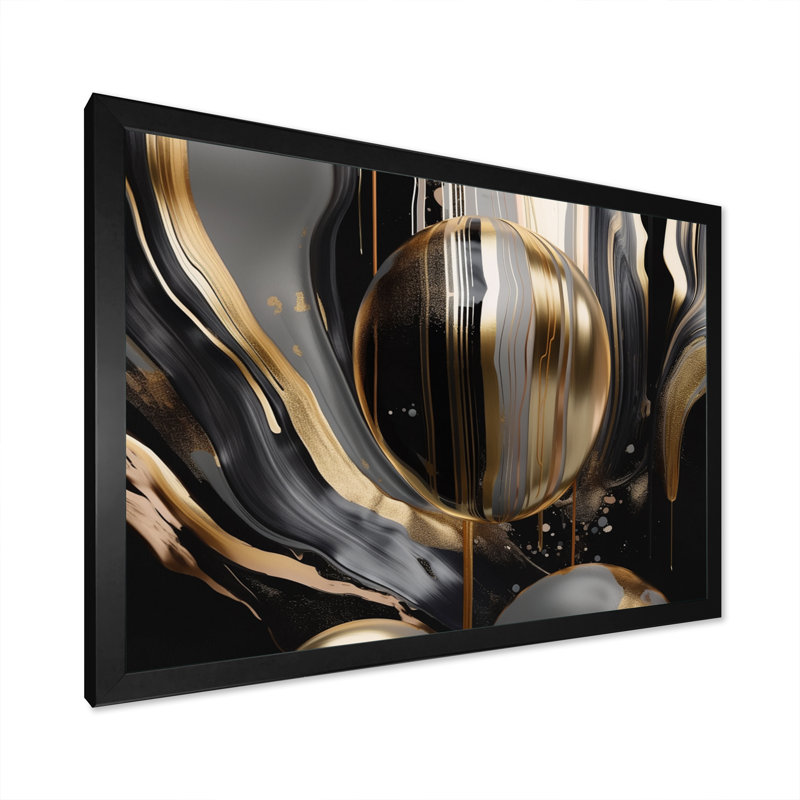 Marbre doré et noir captivant III - art mural abstrait en marbre, Cadre photo unique, Noir, H 30 po x l 40 po