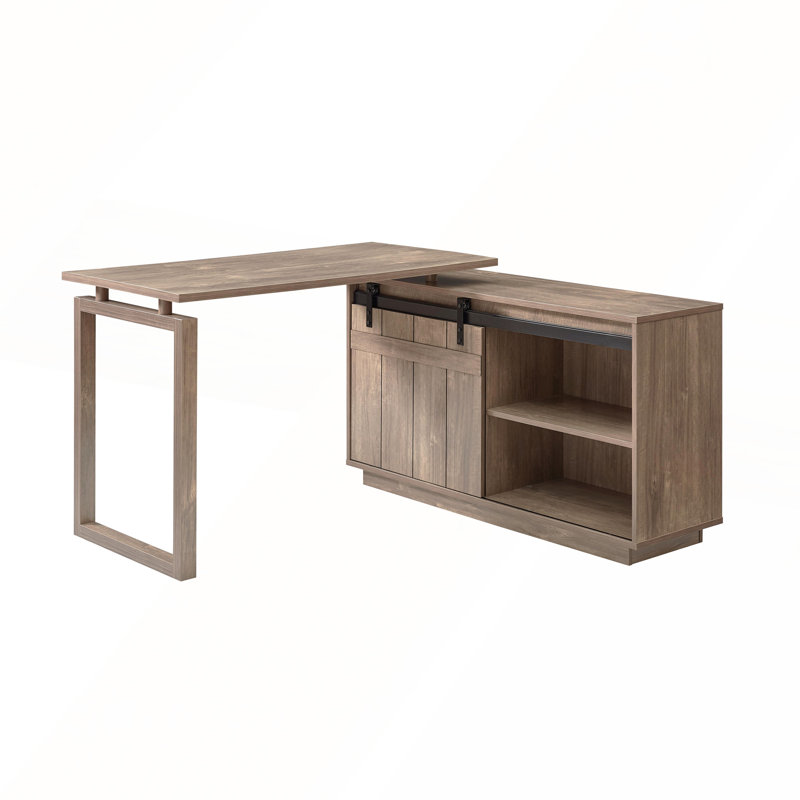 Bureau d'ordinateur en L réversible avec crédence de rangement pour porte de grange coulissante, poste de travail en bois vieilli
