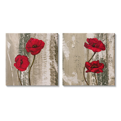 «Vibrant Red Poppies Rustic Brown Wood Grain» par Brian Francis - ensemble de 2 impressions d'art graphique