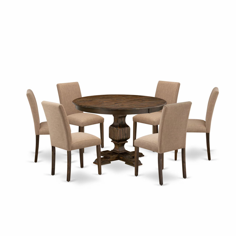 7 Piece Modern Dining Table Set Consist of a Round Wooden Table with Pedestal and 6 Light Sable Linen Fabric Parsons Dining Chairs, Distressed Jacobean