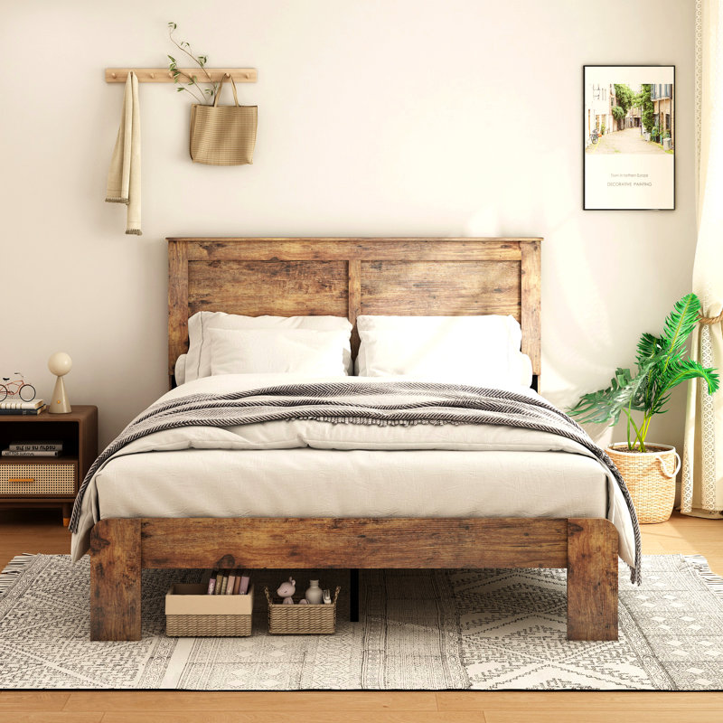 Cadre de lit double, cadre de lit plateforme en bois, silencieux, aucun sommier nécessaire et outil d'assemblage facile, grand rangement sous le lit, brun foncé