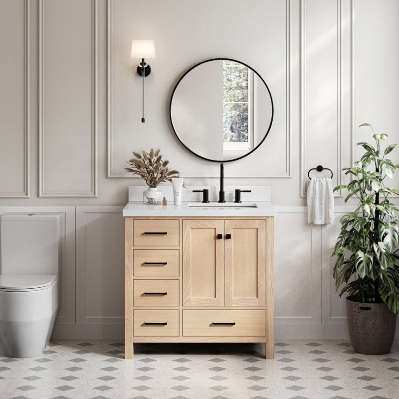 Cambridge 37'' W Single Vanity, Oak, Pure White Quartz, Matte Black