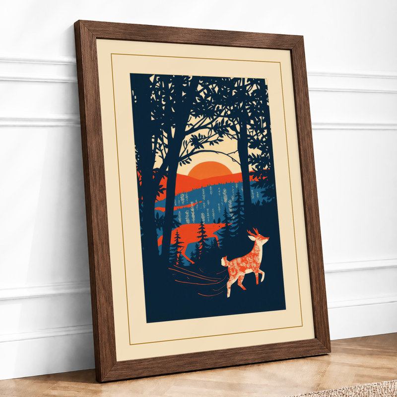 Deer at Woodland Sunset Rustic - Framed Print, A2 - 59.4 x 42.0 cm, Walnut