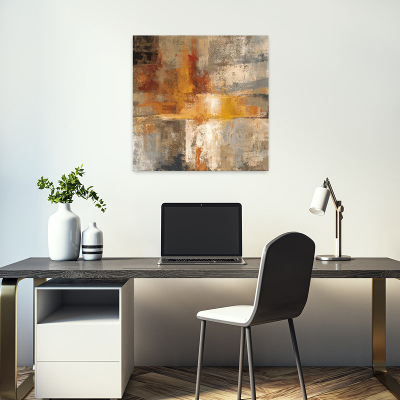 Art contemporain contemporain argent et ambre avec art abstrait beige, H 18 po x l 18 po