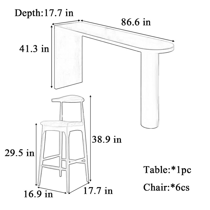 Petite table haute et chaise, H 41,3 po x L 86,6 po x l 17,7 po