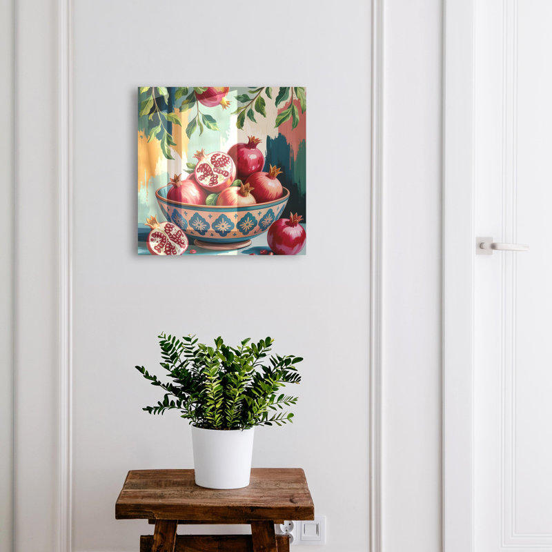 Key storage box, Opens to the left, 30x30x5, Black, Colorful pomegranates in a decorative bowl, 