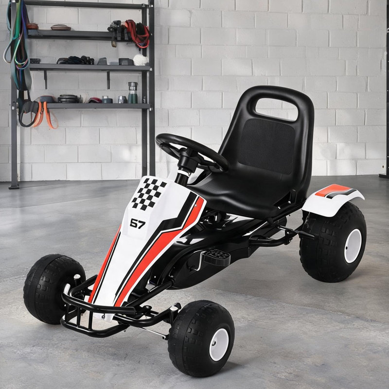 Kart à pédales de course de course avec siège réglable, cadre en acier et frein à main, blanc éclatant