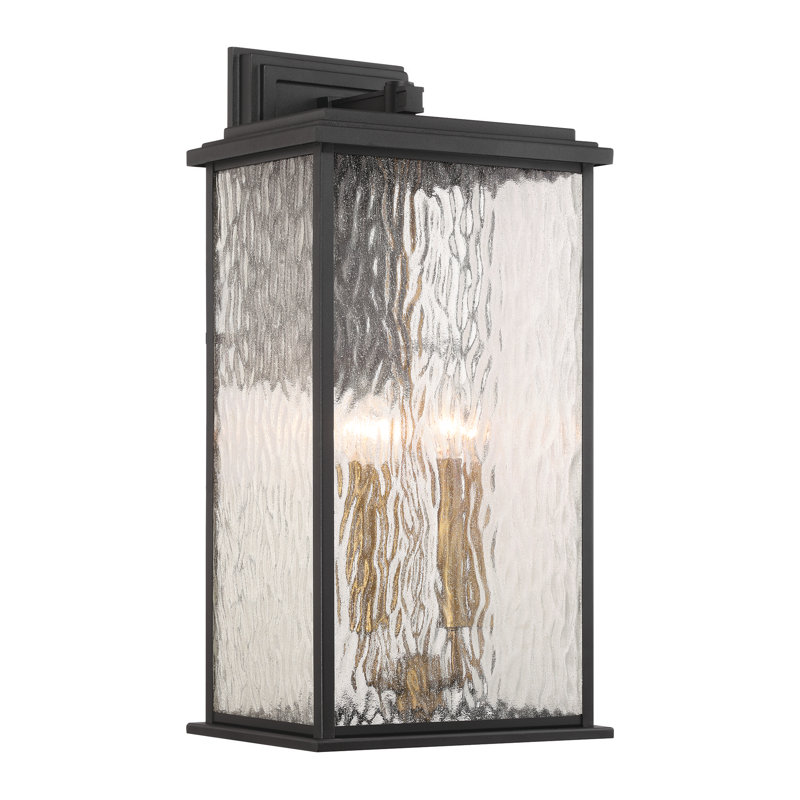 Estate - 2-Light Outdoor Wall Sconce - Black with Brass Accent - Rain Glassware Shade, 24" H x 12" W x 10" D