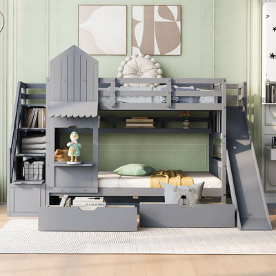 Castle Style Bunk Bed with Slide, 2 Drawers & 3 Shelves – Kids Loft Bed with Storage