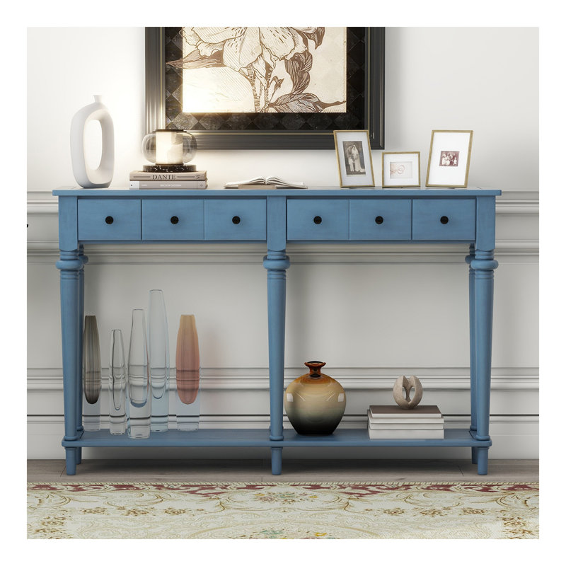 Table d'entrée avec 4 tiroirs, console rétro avec tablette ouverte pour les entrées, les salons et les couloirs (bleu marine)