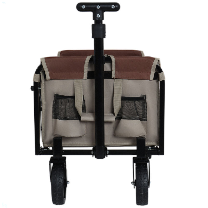 Chariot de camping pliable tout-en-un avec banquette, compartiment de rangement et attache pour chien, Beige/brun